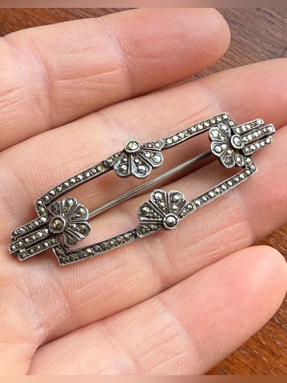 Vintage French Sterling Silver & Marcasite Floral Bar Pin; Art Deco Era Brooch